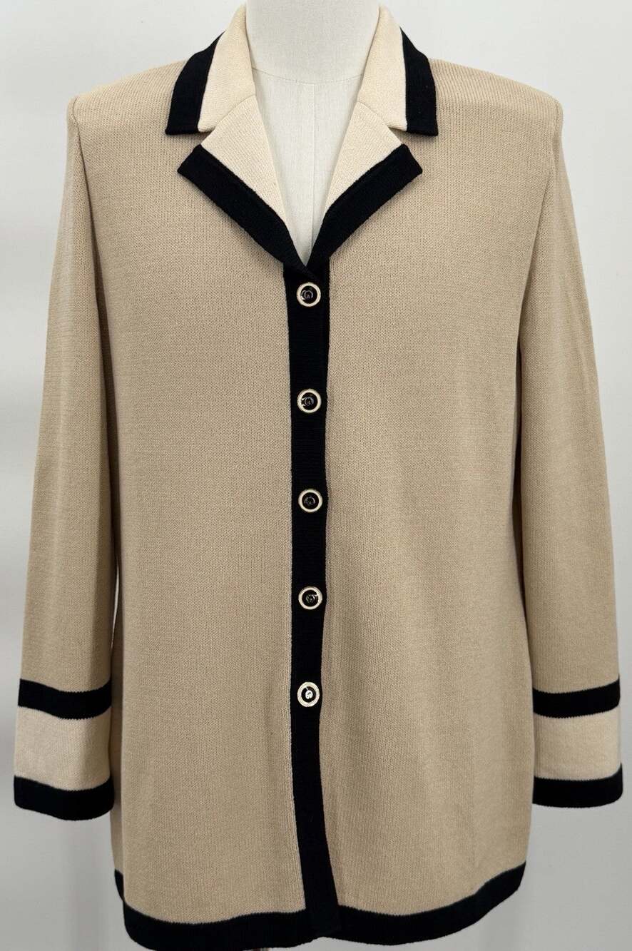St. John Collection Tan Color Block Blazer Santana Knit Cardigan Jacket Sz 14